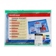 Папка-конверт на ZIP-молнии В5 (289х214 мм), 140 мкм, ErichKrause PVC Zip Pocket, до 100 листов, прозрачная с цветной молнией (Цена за 12 шт.)