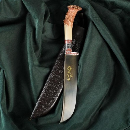Нож Пчак Шархон &quot;Рог косули&quot; - пластик, сухма, витая рукоять, гарда олово, гравировка, 15 см