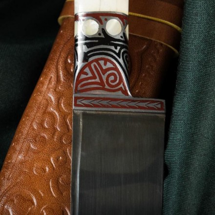 Нож Пчак Шархон - кость, ёрма сапожок &quot;Мехенди&quot; гарда олово, гравировка с садафом, 17 см